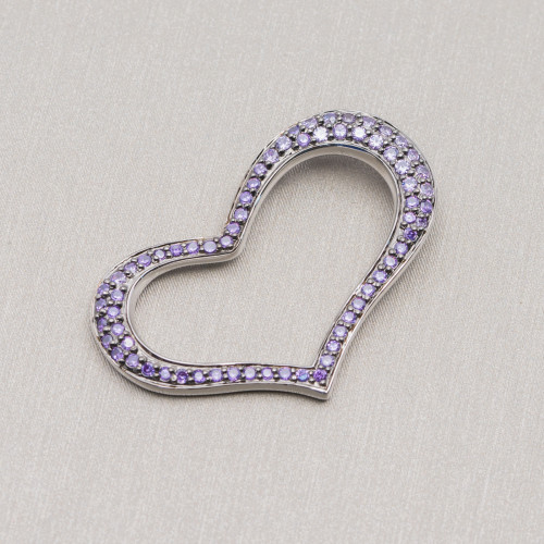 Pendant Of 925 Silver Pierced Heart With Purple Zircons 25x38mm