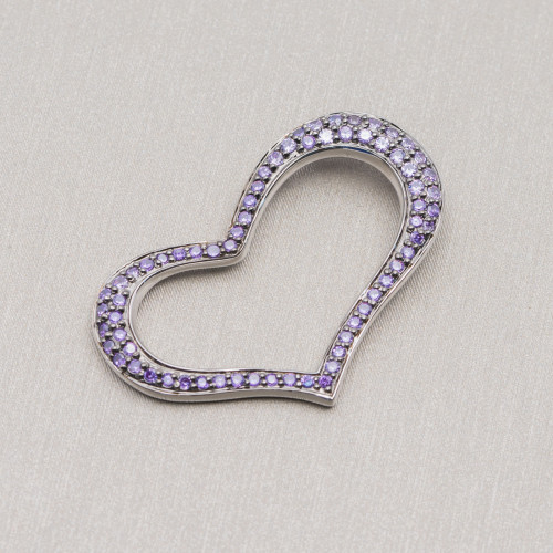 Ciondolo Pendente Di Argento 925 Cuore Forato Con Zirconi Viola 25x38mm