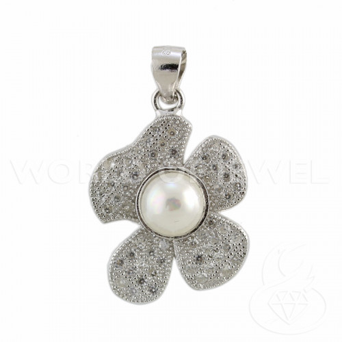 Ciondolo Pendente Di Argento 925 Fiore Con Zirconi E Perle 17x27mm