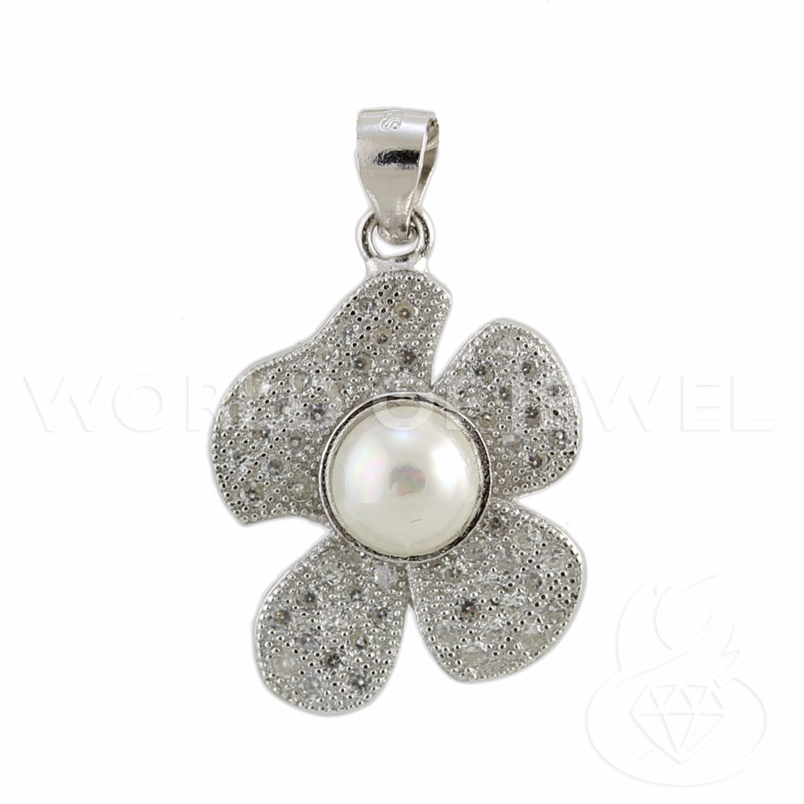 Ciondolo Pendente Di Argento 925 Fiore Con Zirconi E Perle 17x27mm