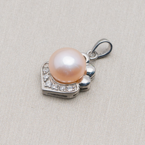 Pendant Of 925 Silver Pearls With Pavè Zircons 11x21mm MOD.4 Pink