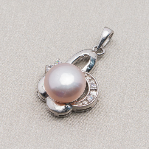 Pendant Of 925 Silver Pearls With Pavè Zircons 14x26mm MOD.3 Pink