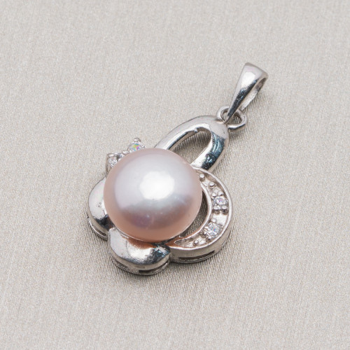 Ciondolo Pendente Di Argento 925 Perle Con Zirconi Pavè 14x26mm MOD.3 Rosa