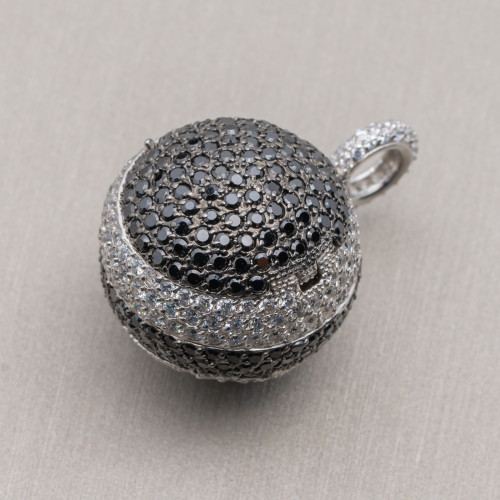 Pendant Of 925 Silver Sphere With Black And White Zircons And Double Opening 24X34mm