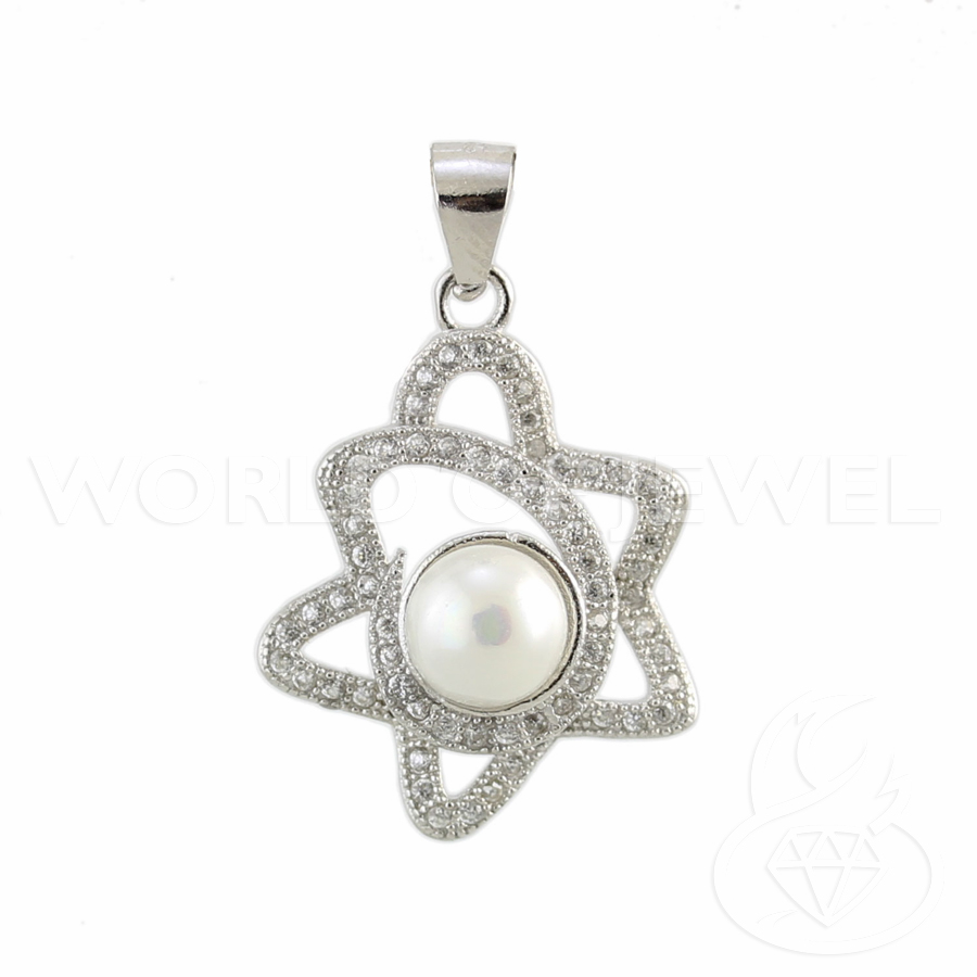 Ciondolo Pendente Di Argento 925 Stella Con Zirconi E Perle 18x26mm