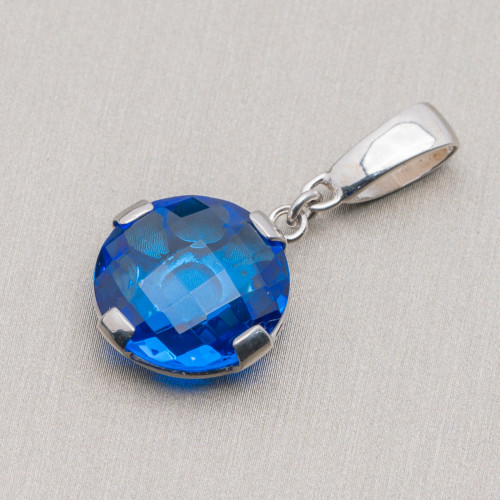 Flat Round 925 Silver Pendant With Blue Cubic Zirconia 18x35mm