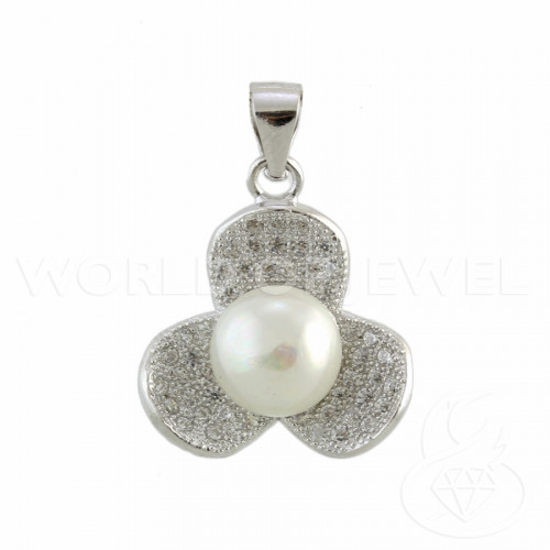 Pendant Of 925 Silver Clover With Zircons And Pearls 17x24mm