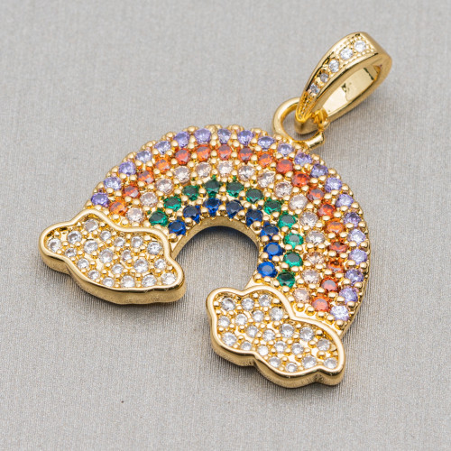 Bronze Pendant Pendant With Multicolor Zircons Pavé Rainbow With Clouds 26x29mm 5pcs