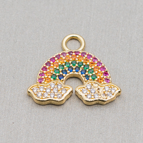 Bronze Pendant Component With Multicolor Zircons Pavé Rainbow With Clouds 17x19mm 10pcs Golden