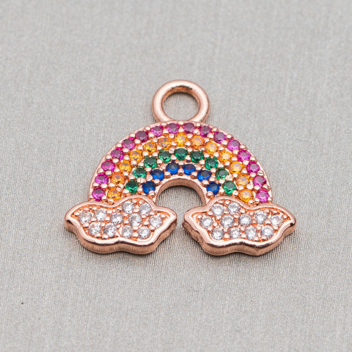 Componente Pendente Di Bronzo Con Zirconi Multicolor Pavè Arcobaleno Con Nuvole 17x19mm 10pz Oro Rosa