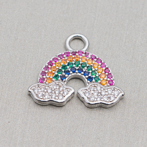 Bronze Pendant Component With Multicolor Zircons Pavé Rainbow With Clouds 17x19mm 10pcs Rhodium Plated