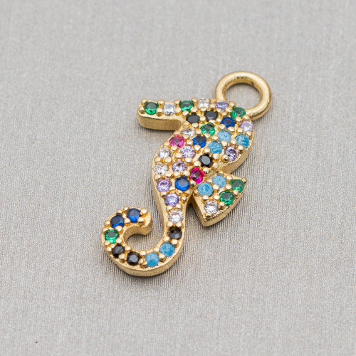 Bronze Pendant Component With Multicolor Pavé Zircons Seahorse With A Ring 12x22mm 8pcs Golden
