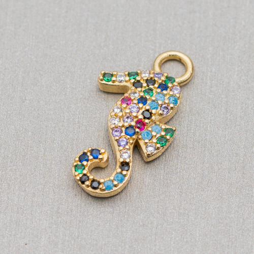 Composant Pendentif en Bronze Avec Pavé de Zircons Multicolores Hippocampe Avec Un Anneau 12x22mm 8pcs Doré