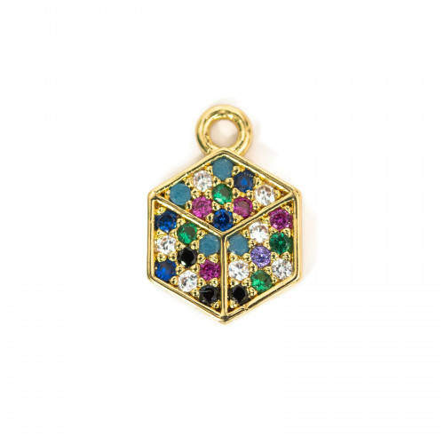 Composant Pendentif en Bronze Avec Cube Plat Pavé de Zircons Multicolores Avec Un Anneau 08x11mm 15pcs