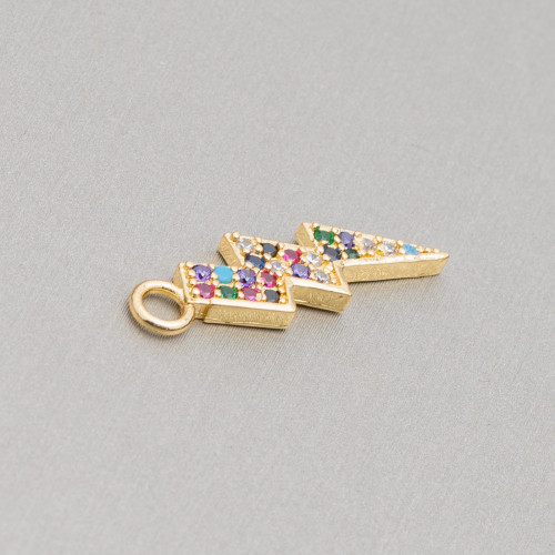 Bronze Pendant Component With Multicolor Zircons Pavè Lightning With A Ring 08x26mm 15pcs Golden