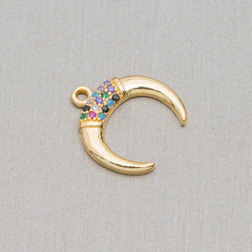 Bronze Pendant Component With Multicolor Pavé Zircons Crescent Moon With A Ring 14x15mm 15pcs