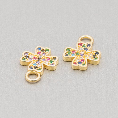 Componente colgante de bronce con circonitas multicolores Pavè Trébol de cuatro hojas con anillo 12x16 mm 8 piezas Dorado