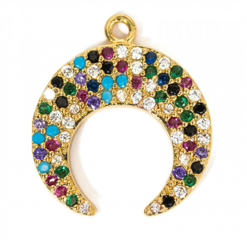 Bronze Pendant Component With Multicolor Pavé Zircons Moon Slice With A Ring 16x18mm 10pcs