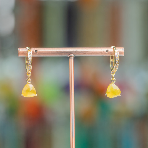 Bronze Closed Hoop Earrings With Zircons And Cat's Eye Triangle Pendant 9x26mm Yellow