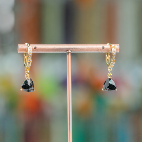Bronze Closed Hoop Earrings With Zircons And Cat's Eye Triangle Pendant 9x26mm Black
