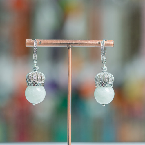 Closed Brass Earrings With Brass Crown And Semi-precious Stones 14x42mm Rhodium-Plated Aquamarine