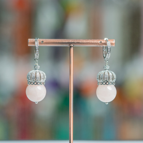 Closed Brass Earrings with Brass Crown and Semi-precious Stones 14x42mm Rhodium Plated Pink