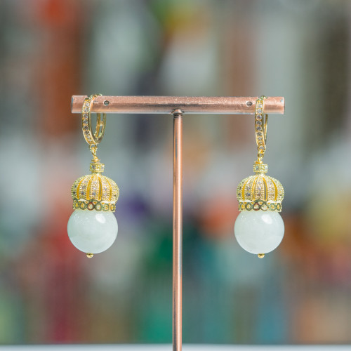 Closed Brass Earrings With Brass Crown And Semi-precious Stones 14x42mm Golden Aquamarine