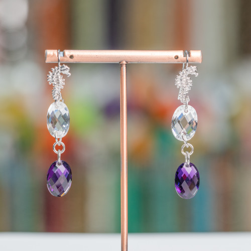 Boucles d'oreilles hippocampe en argent 925 avec zircons ovales blancs et violets 10x56mm