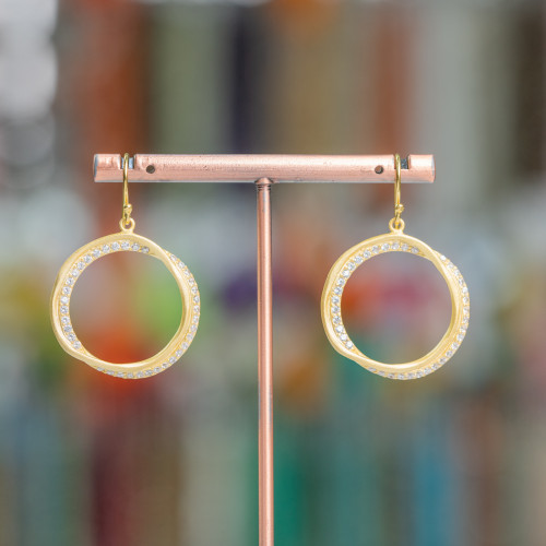 925 Silver Hook Earrings Openwork Circle With Golden Zircons 27x39mm