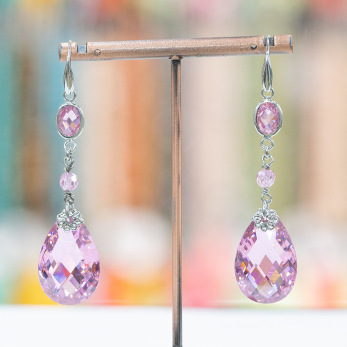 925 Silver Hook Earrings With Pink Cubic Zirconia And Drop Pendant 16x68mm