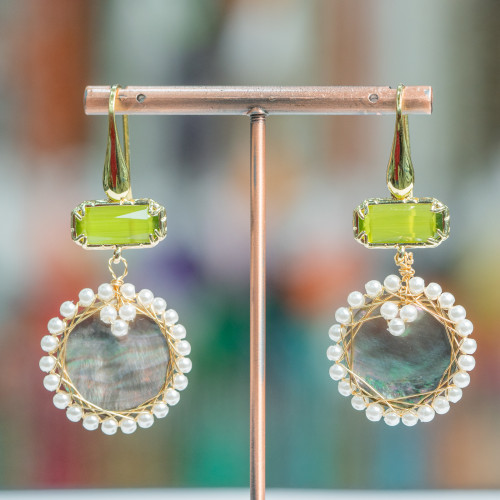 925 Silver Hook Earrings With Cat's Eyes And Mother of Pearl 26x58mm Acid Green