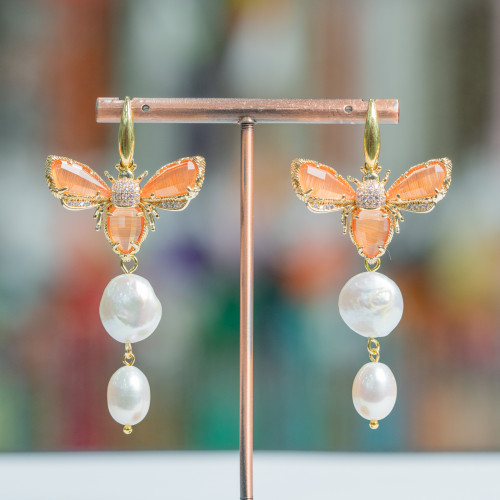 925 Silver Earrings With Cat's Eye Bees And River Pearls 31x65mm Orange