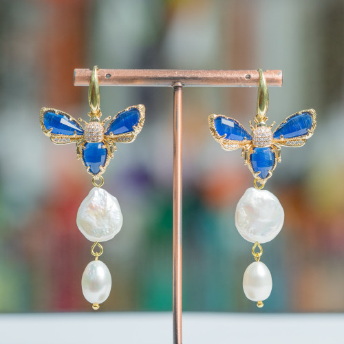 925 Silver Earrings With Cat's Eye Bees And River Pearls 31x65mm Blue