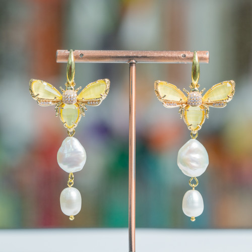 925 Silver Earrings With Cat's Eye Bees And River Pearls 31x65mm Yellow