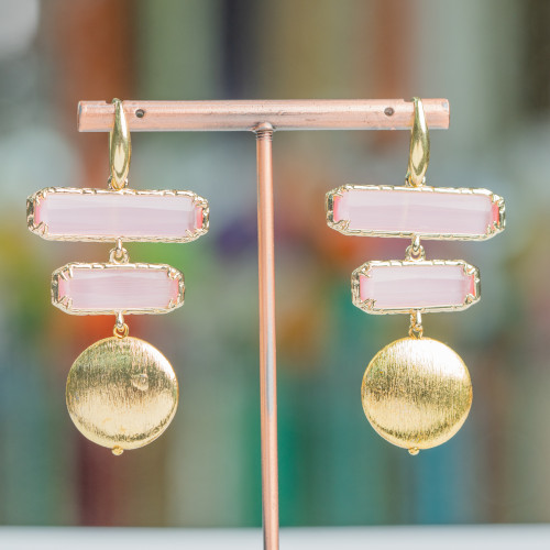 Boucles d'oreilles crochet en argent 925 avec pendentifs en bronze et oeil de chat 30x57mm rose