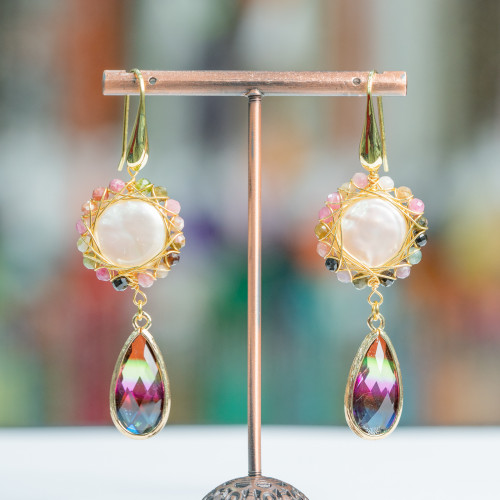 925 Silver Hook Earrings With Worked Coin River Pearls And Crystal Drops Set 22x66mm Multicolor
