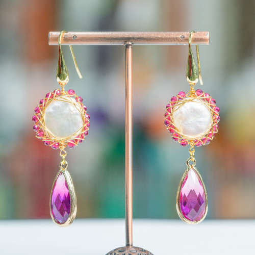 925 Silver Hook Earrings With Worked Coin River Pearls And Crystal Drops Set 22x66mm Red