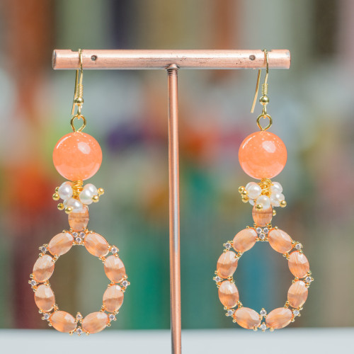 Pendientes De Gancho De Plata 925 Con Piedras Y Perlas Con Colgante Ojo De Gato 24x70mm Naranja