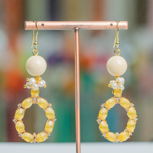 925 Silver Hook Earrings With Stones And Pearls With Cat's Eye Pendant 24x70mm Yellow