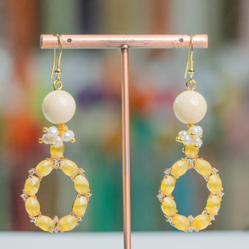 Pendientes De Gancho De Plata 925 Con Piedras Y Perlas Con Colgante Ojo De Gato 24x70mm Amarillo