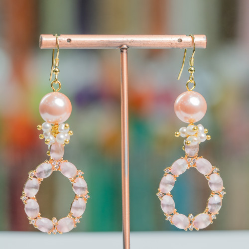 925 Silver Hook Earrings With Stones And Pearls With Cat's Eye Pendant 24x70mm Pink