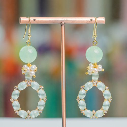 925 Silver Hook Earrings With Stones And Pearls With Cat's Eye Pendant 24x70mm Aqua Green