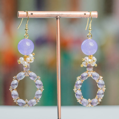 Boucles d'oreilles crochet en argent 925 avec pierres et perles avec pendentif oeil de chat 24x70mm violet