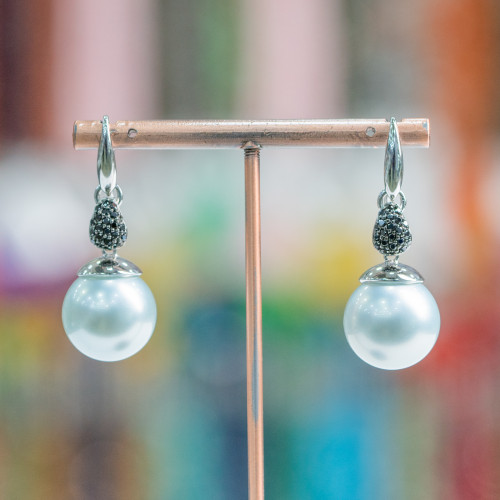 925 Silver Lever Earrings With Zircons And Aqua Majorcan Pearl 16x40mm
