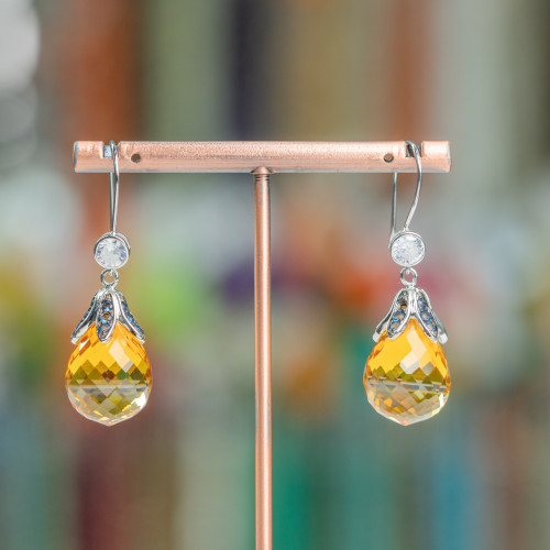 925 Silver Drop Earrings with Leaf Cup and Orange Cubic Zirconia 14x47mm