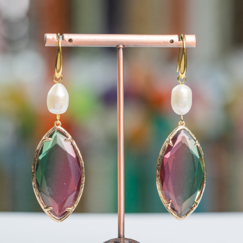Bronze Lever Earrings with River Pearls and Leaf Crystal 20x70mm Pink-Green