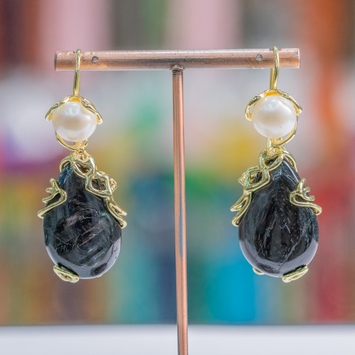Bronze Hook Earrings With River Pearls And Cabochon Pendant 22x57mm Obsidian