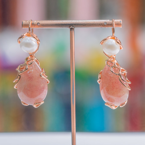 Bronze Lever Earrings with River Pearls and Cabochon Pendant 24x52mm Rose Gold Strawberry Quartz