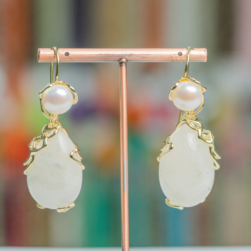 Bronze Hook Earrings With River Pearls And Cabochon Pendant 24x52mm Moonstone