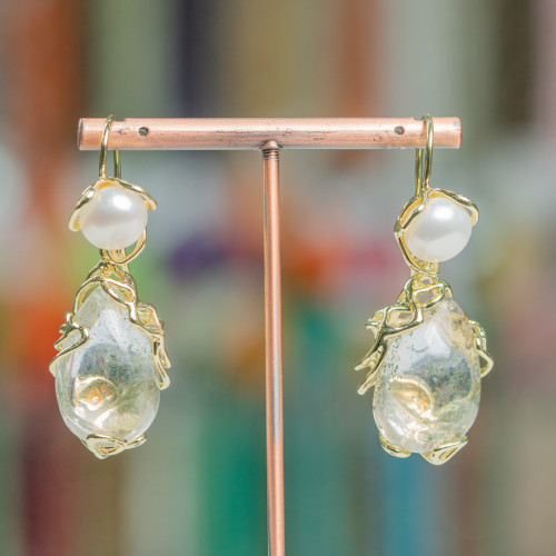 Bronze Lever Earrings with River Pearls and Cabochon Pendant 24x52mm Green Dendritic Quartz